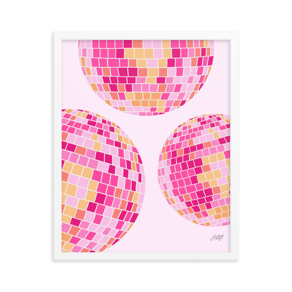 Ilustración de bolas de discoteca (paleta rosa/amarilla) - Impresión mate enmarcada